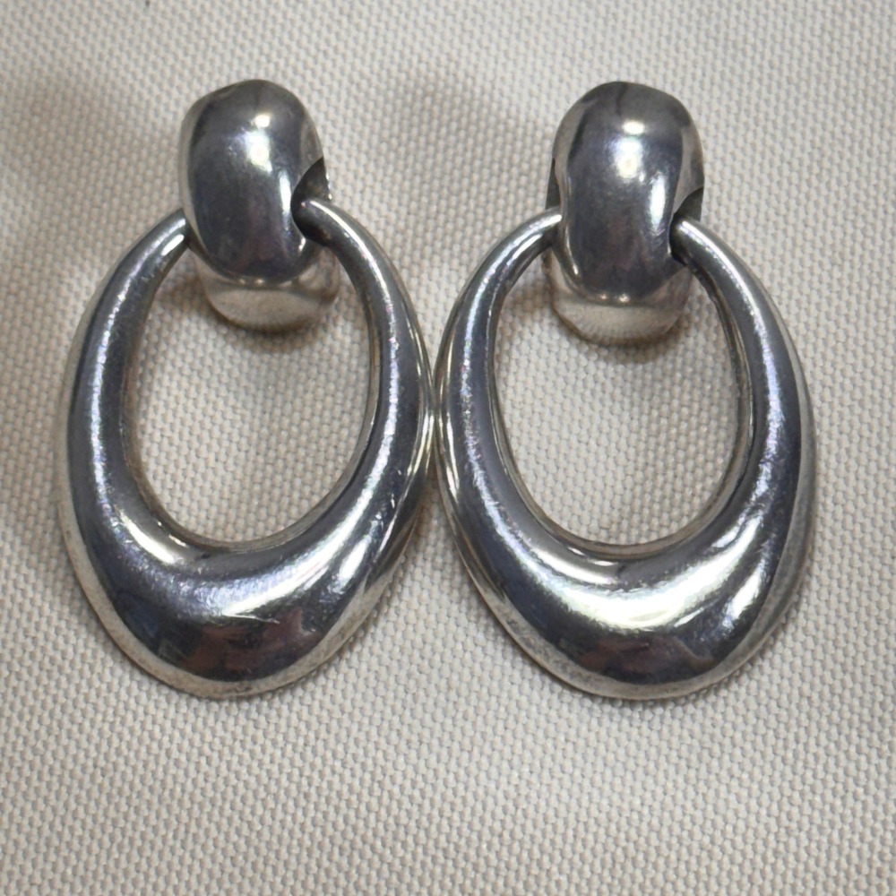 Vintage Taxco Mexico 925 Sterling Silver Door Knocker Hoop Earrings TE-24 GUC